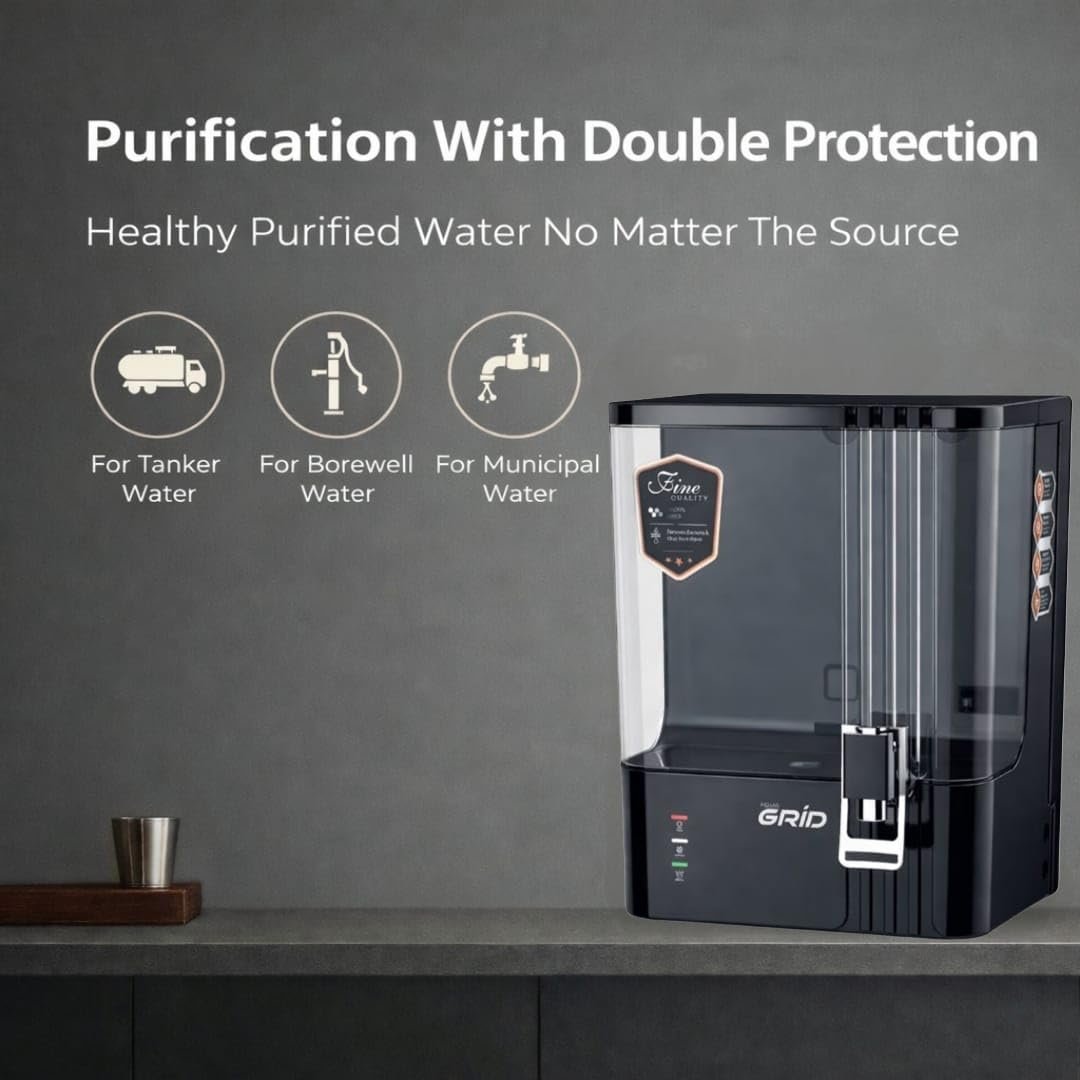 Aqua Grid RO Water Purifier, RO + Alkaline, LED Indicator, 10L Storage, 12 to 15 LPH Purification, Multi Stage Purification Technology (Black)