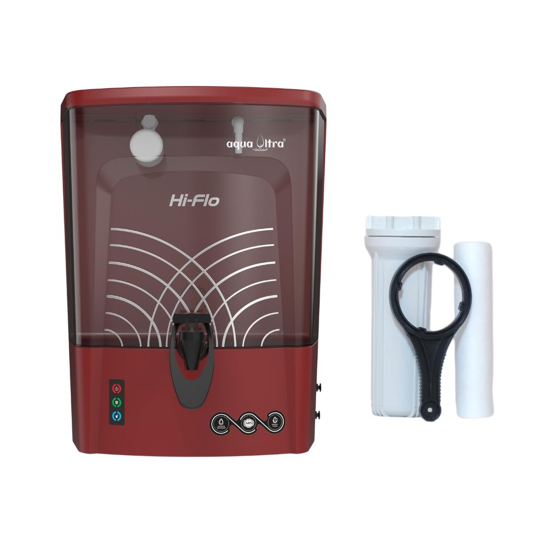 Hi Flo Ro Water Purifier with RO + Active Copper + Alkaline | LED Indicator | Storage Tank 10 Ltr | Capacity upto 15 Ltr Per Hr. | 15 stage | Purification Technology (Metallic Cherry)