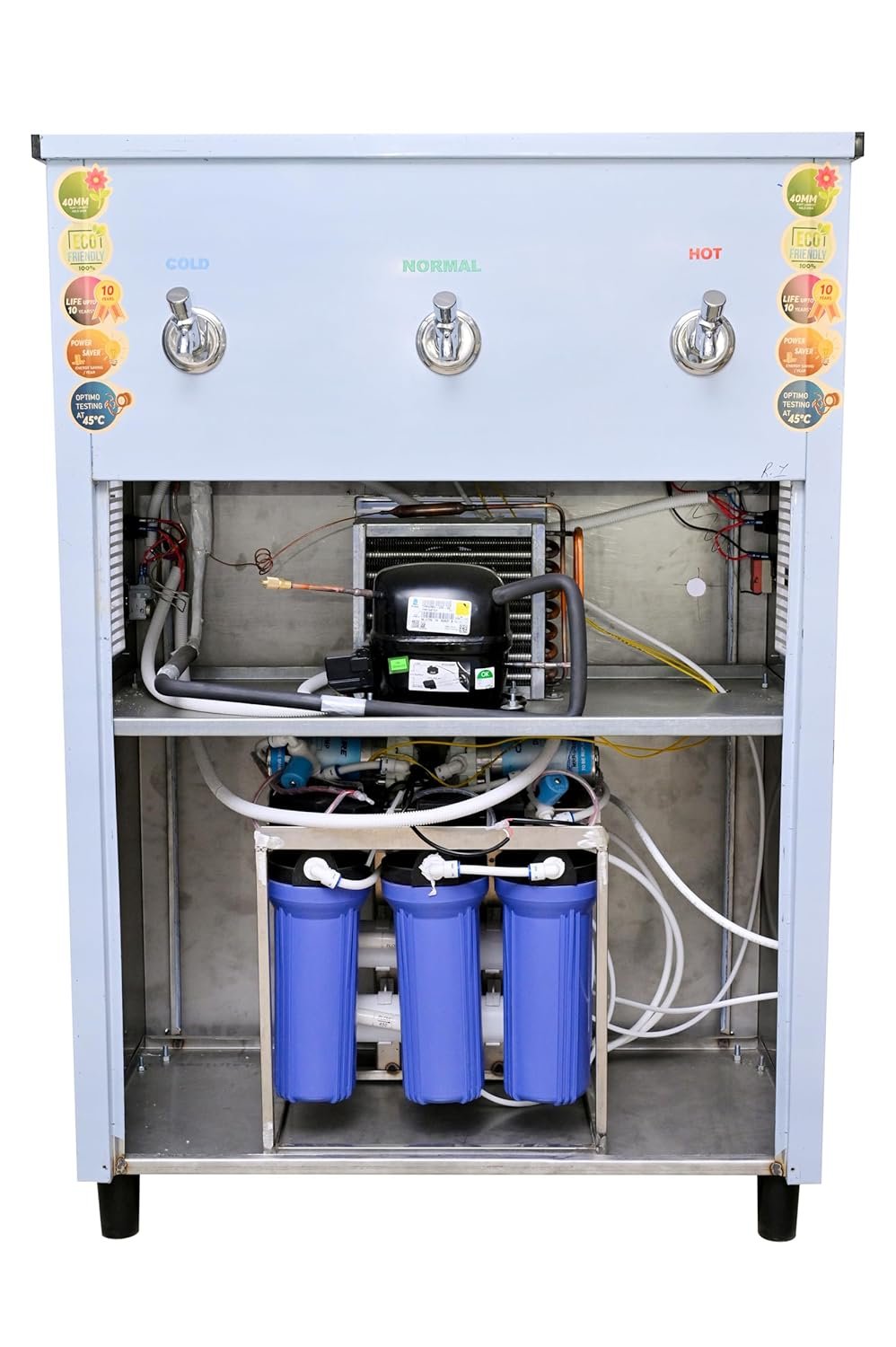 FRIZZIN 40 Liter Hot Normal Cold Drinking Water Cooler Stainless Steel Inbuilt 25 Lph R.o System with 100% Copper Cooling ISO Certified Power Saver
