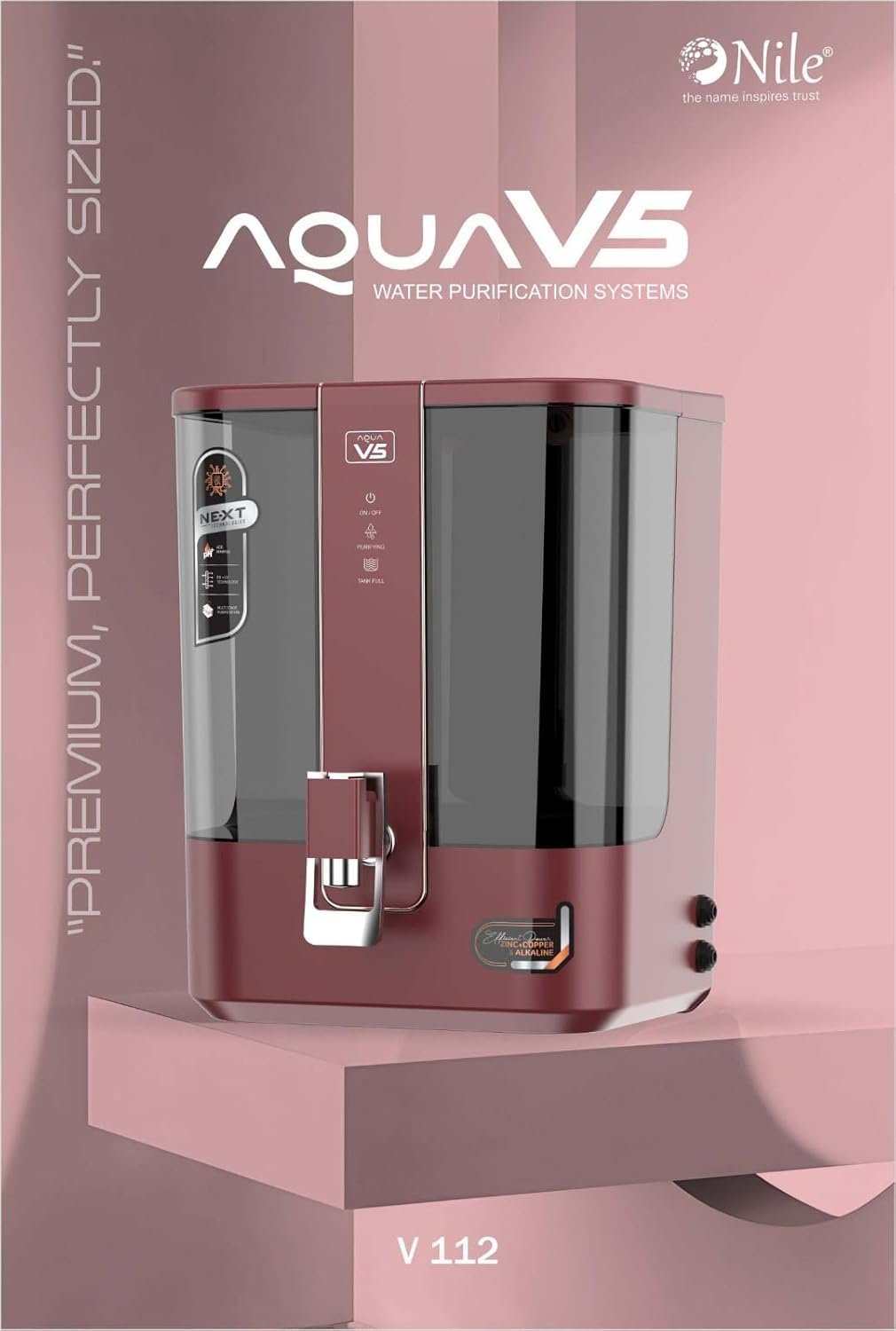 Aqua V5 RO Water Purifier 10L | Alkaline + Copper + Zinc | Active Carbon Filter | Advanced 7-Stage Purification | Premium Sleek Design | (MAROON)