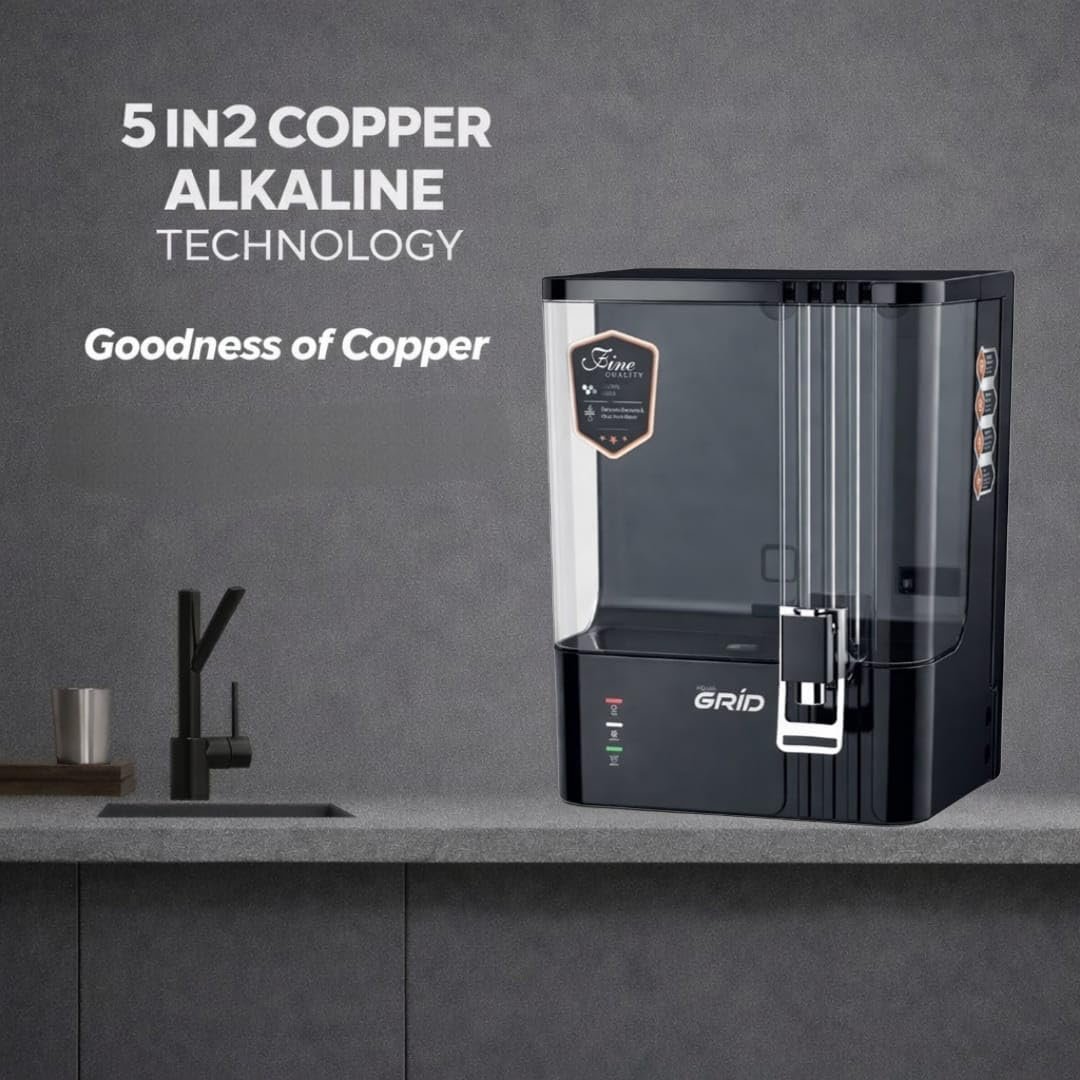 Aqua Grid RO Water Purifier, RO + Alkaline, LED Indicator, 10L Storage, 12 to 15 LPH Purification, Multi Stage Purification Technology (Black)