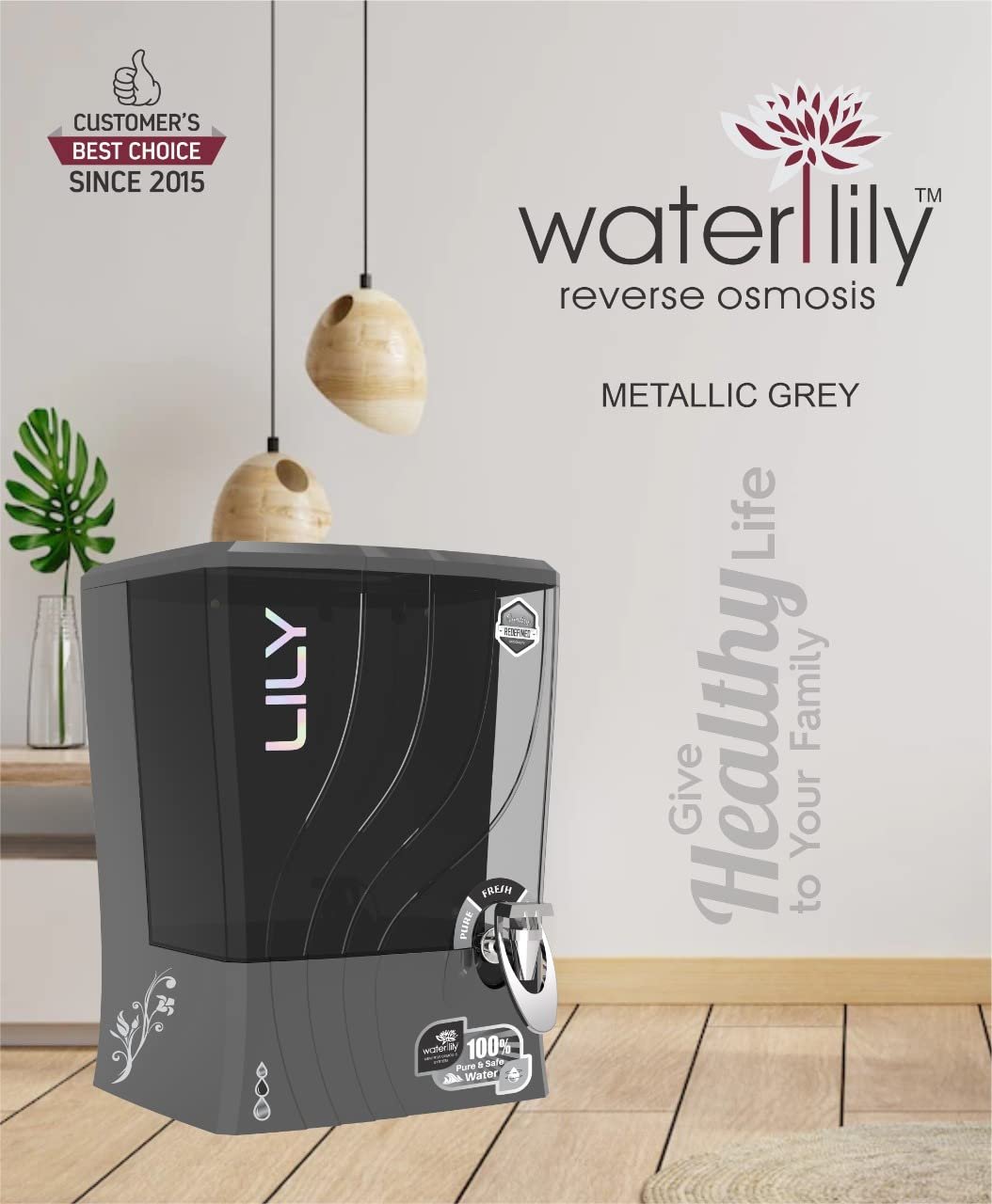 Waterlily RO Water Purifier RO+Alkaline 10 litre Wall mounted or Counter top installation for Home, installation kit Free (Grey Color)